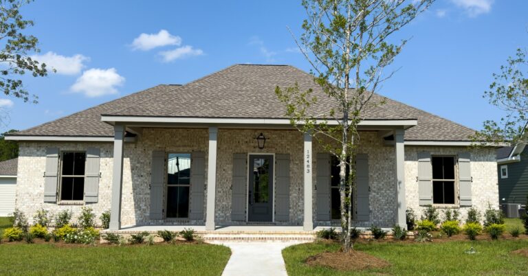 Front exterior of the Cypress custom home with light brick, gray shutters, covered porch, and landscaped yard at 12483 Alphabet Road in Florence Gardens, Gulfport, Mississippi 39503.