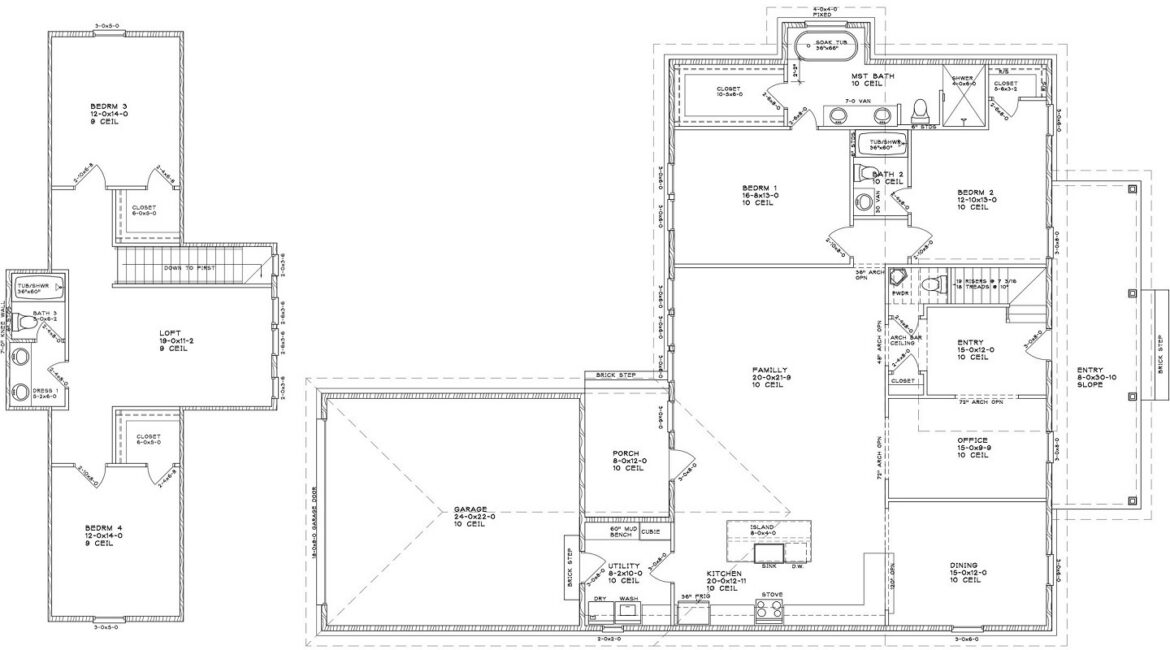 First- and second-floor plans for a two-story, four-bedroom custom home at 12487 Alphabet Road in Florence Gardens, Gulfport, Mississippi 39503.