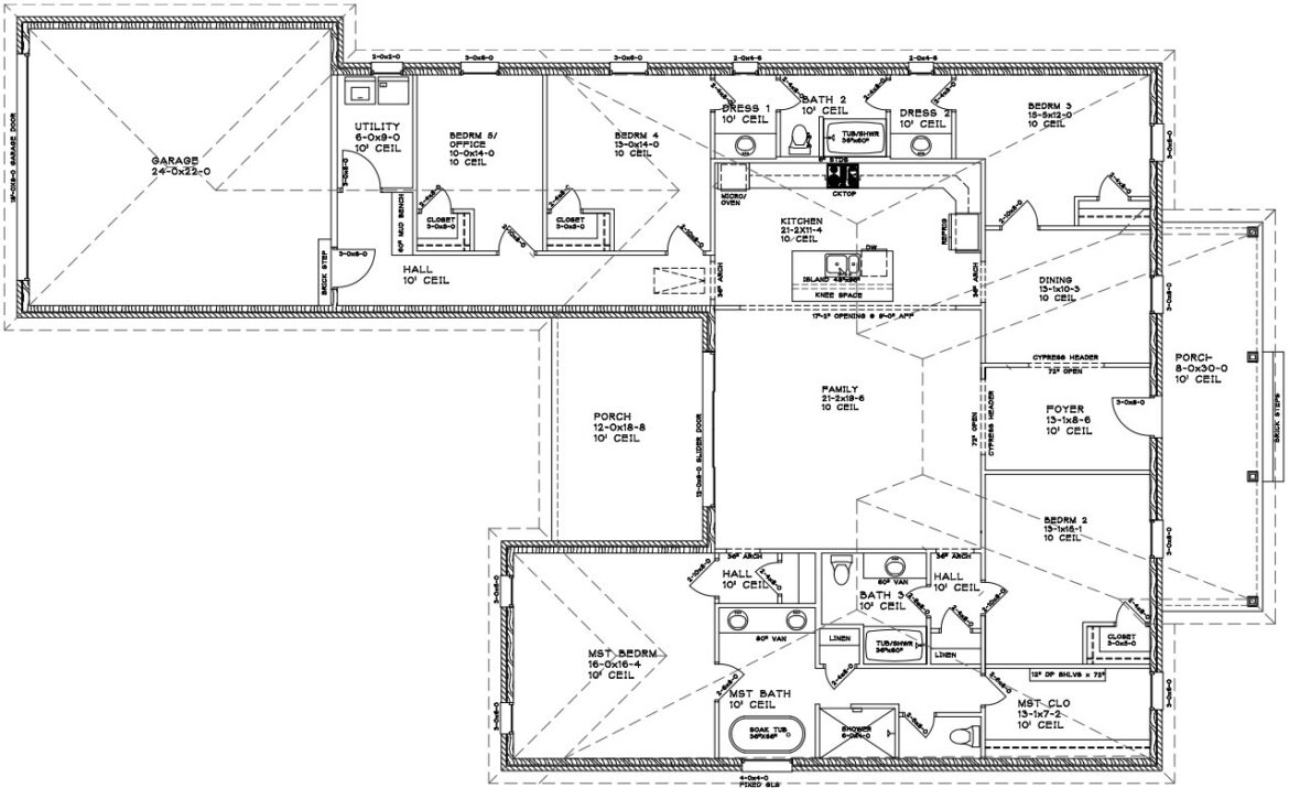 Floor plan for the five-bedroom, three-bathroom Cypress custom home with an attached garage at 12483 Alphabet Road in Florence Gardens, Gulfport, Mississippi 39503.