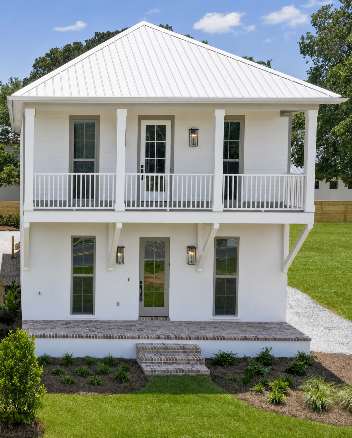 Completed two-story coastal custom home with white siding, double front porches, a metal roof, and brick steps at 294 Porter Avenue in downtown Ocean Springs, Mississippi 39564.
