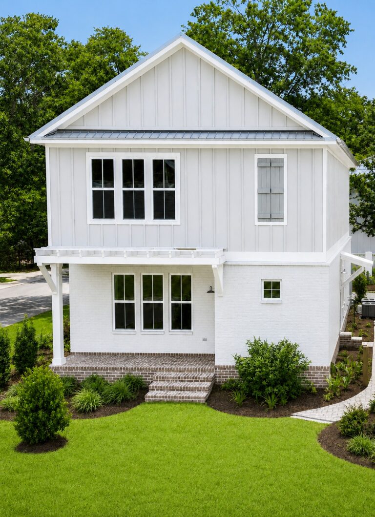 Front exterior of a custom home with white board-and-batten siding, painted brick, metal roof accents, brick steps, and landscaping at 298 Porter Avenue in downtown Ocean Springs, Mississippi 39564.