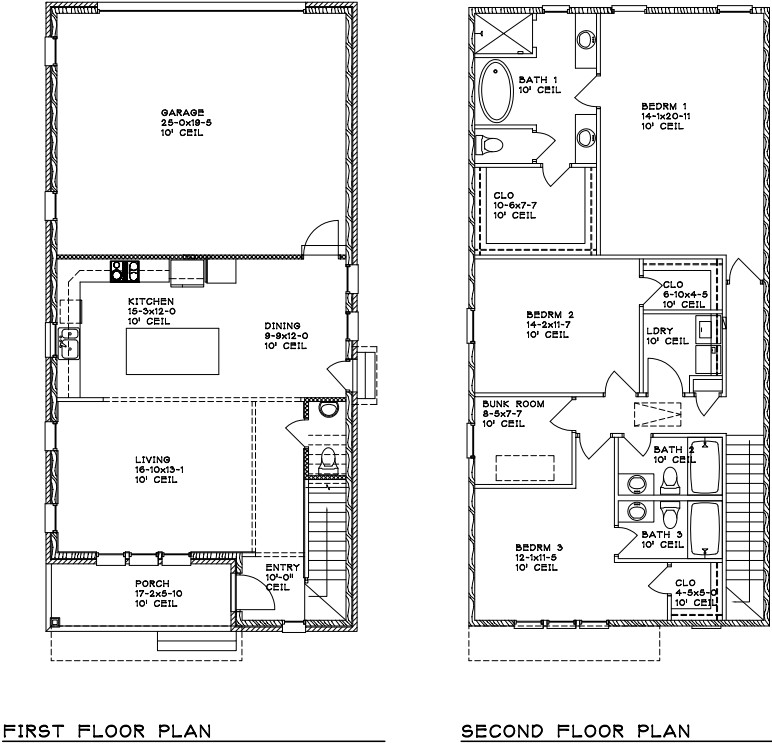 First- and second-floor plans for a three-bedroom custom home with a bunk room at 298 Porter Avenue in downtown Ocean Springs, Mississippi 39564.