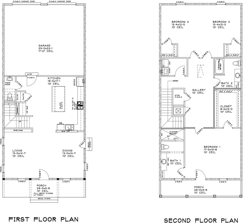 First- and second-floor plans for a three-bedroom custom home at 294 Porter Avenue in downtown Ocean Springs, Mississippi 39564.