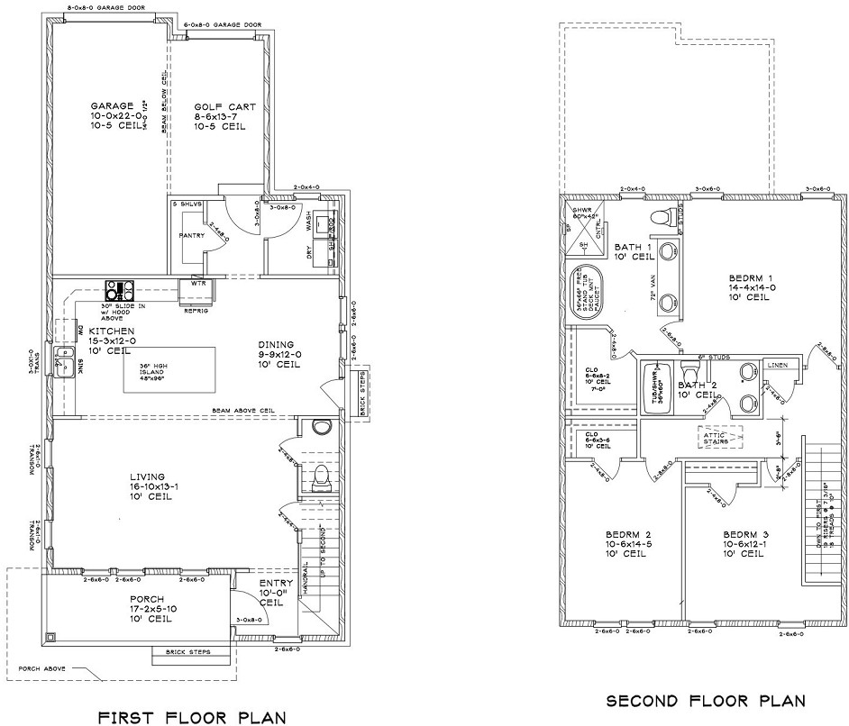 First- and second-floor plans for a three-bedroom custom home at 290 Porter Avenue in downtown Ocean Springs, Mississippi 39564.