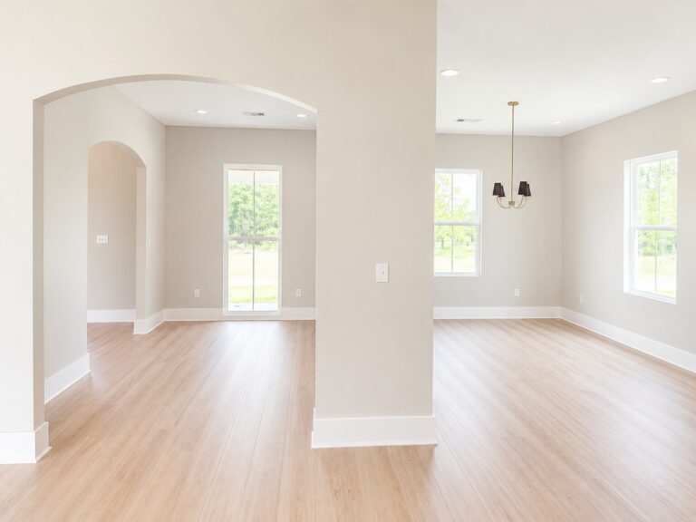 Open flex room and dining area with arched openings, light wood flooring, large windows, and a modern chandelier at 12487 Alphabet Road in Florence Gardens, Gulfport, Mississippi 39503.