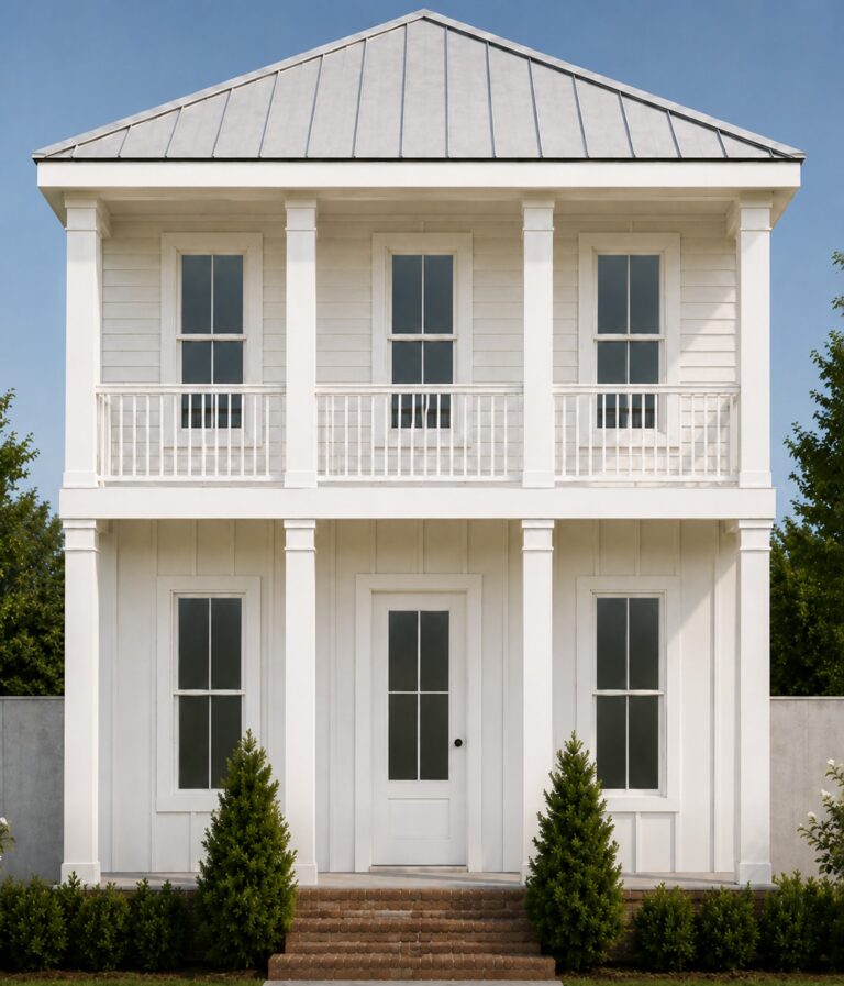 Exterior rendering of a two-story coastal custom home at 282 Porter Avenue in downtown Ocean Springs, Mississippi 39564