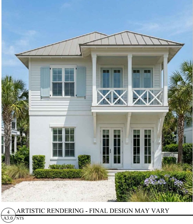 Architectural rendering of a two-story coastal custom home at 286 Porter Avenue in downtown Ocean Springs, Mississippi.
