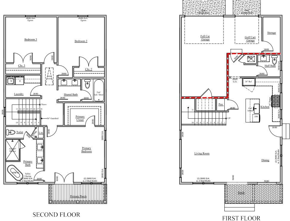 First- and second-floor plan for a coastal custom home at 286 Porter Avenue in downtown Ocean Springs, Mississippi