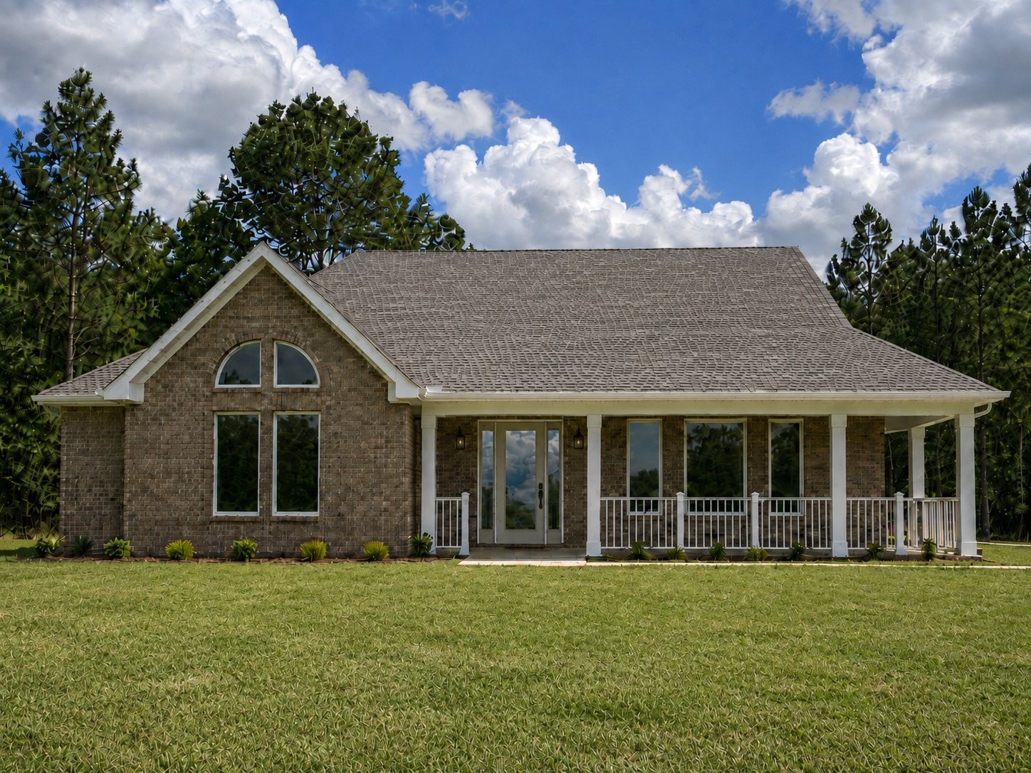 Exterior view of the McDermott Residence by BW Artisan Homes in Vancleave, MS, showing brick walls, white columns supporting a covered porch, and large arched windows.