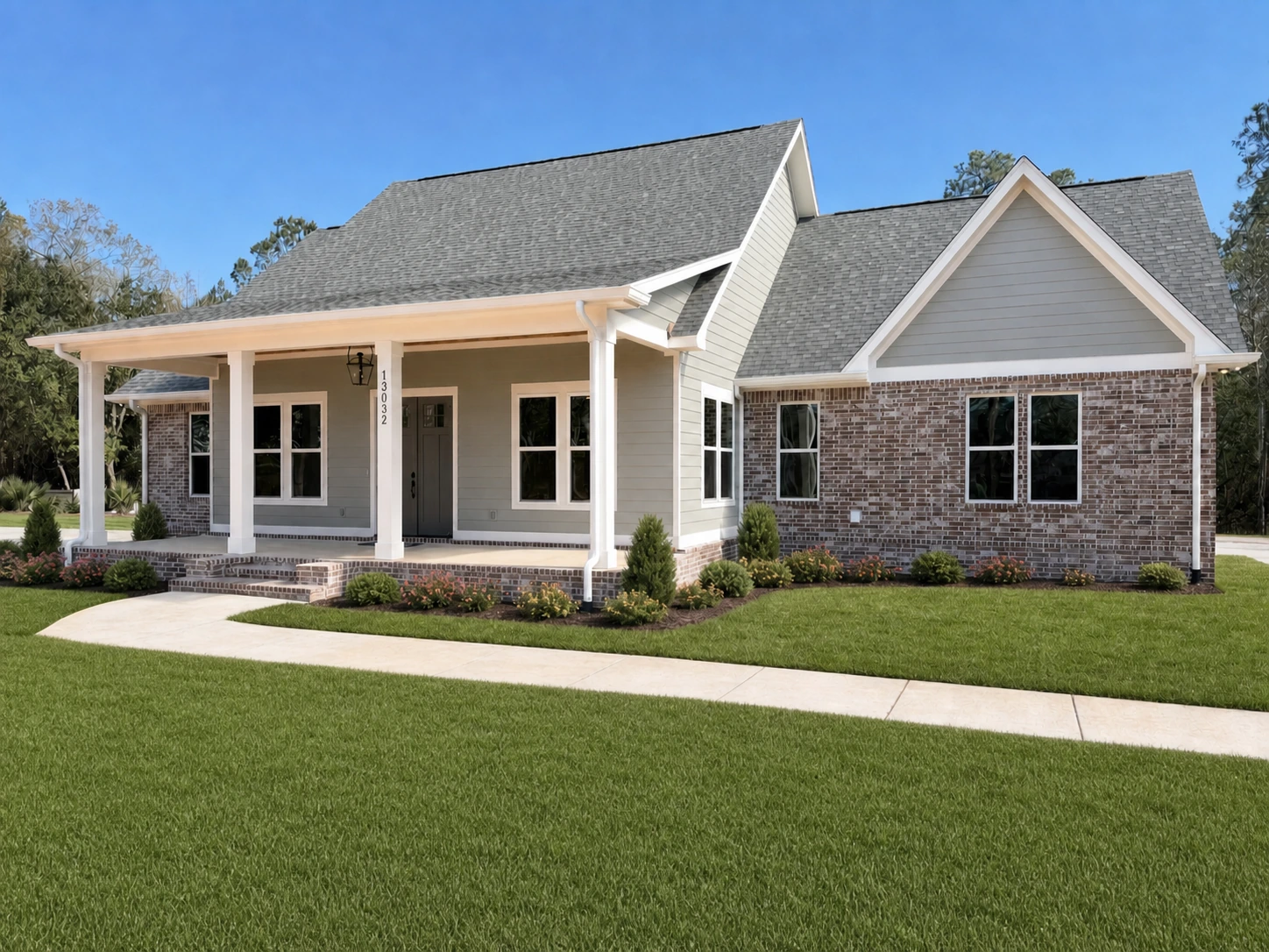 View of a custom home exterior with brick and siding, a covered porch, and landscaping by BW Artisan Homes in Gulfport, Mississippi.