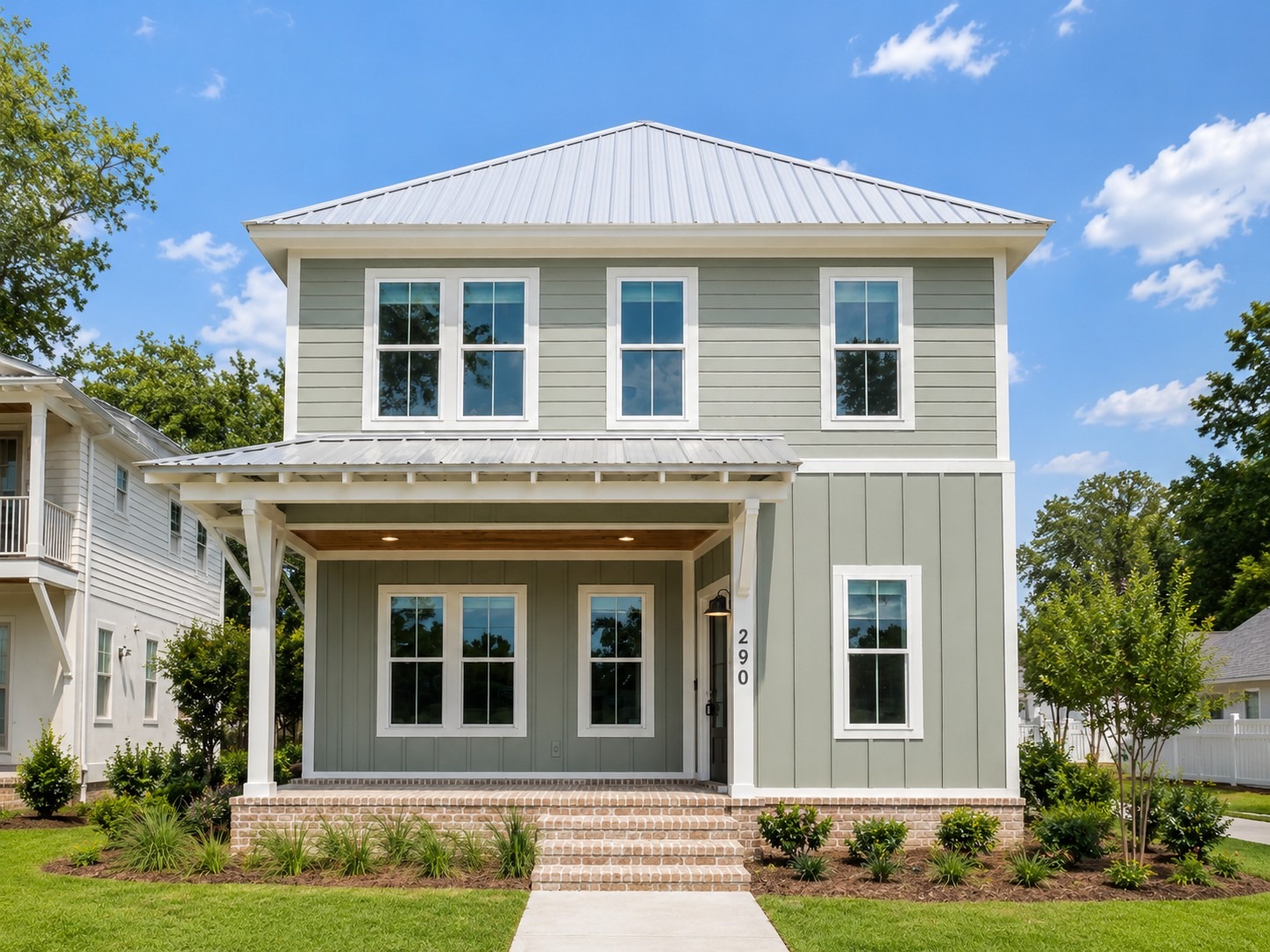 Front exterior view of a coastal luxury home by BW Artisan Homes in Ocean Springs, showing a standing seam metal roof, covered porch, and black windows on a sunny day.