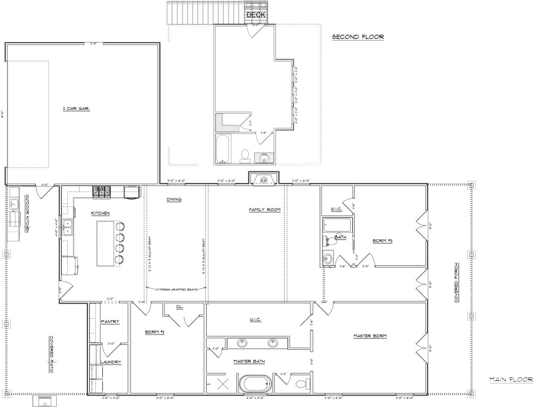 Detailed floor plan of Schmidt Home showing room layout with custom cabinetry, covered porch, and outdoor kitchen area by BW Artisan Homes in Ocean Springs, MS.
