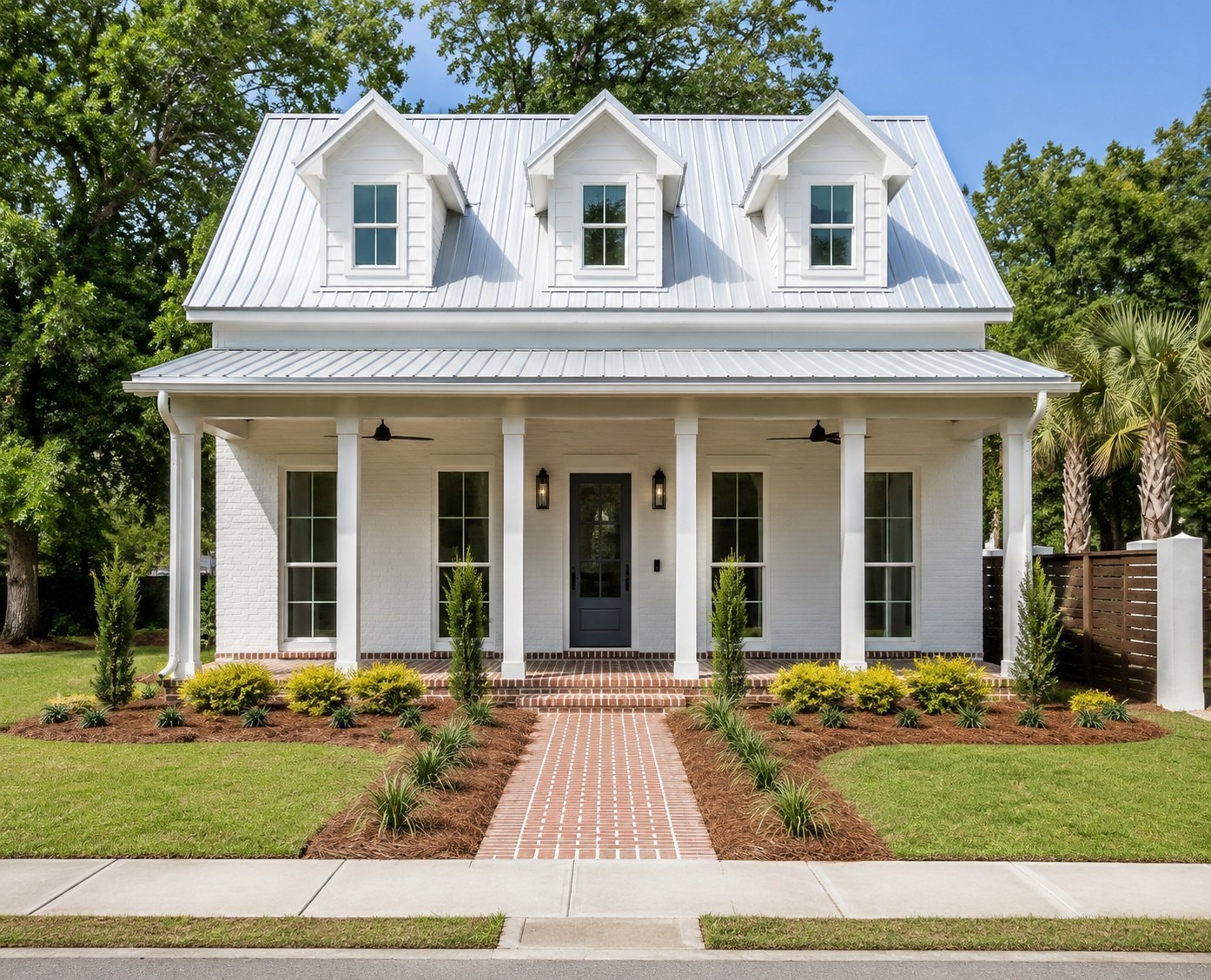 Front exterior of a white brick home in Ocean Springs with a standing seam metal roof, covered porch, and brick walkway by BW Artisan Homes.