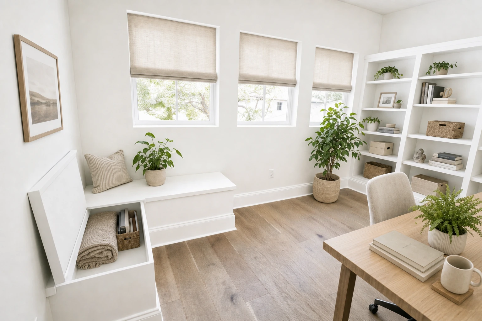 Bright reading nook with built-in white cabinetry, storage bench, white oak floors, and multiple windows by BW Artisan Homes in Ocean Springs.
